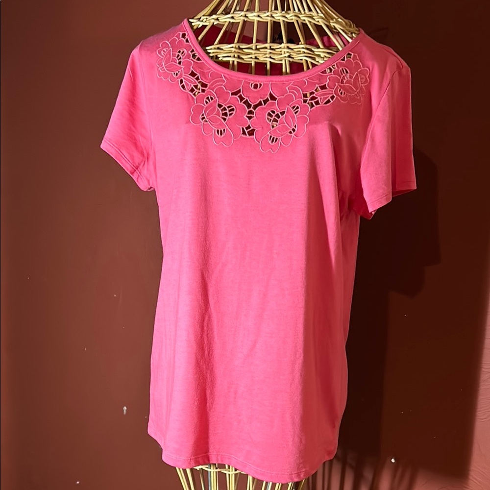 NWTS! Talbots women’s M coral eyelet neck cotton Short  sleeve  Top